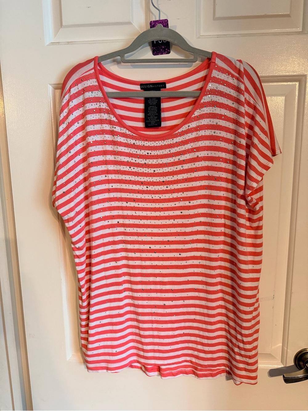 Design History Coral & White Striped Scoop Neck Top with Rhinestones